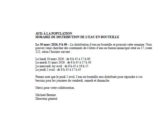 2026-03-30 : Avis à la population-Horaire de distribution de l&rsquo;eau en bouteille