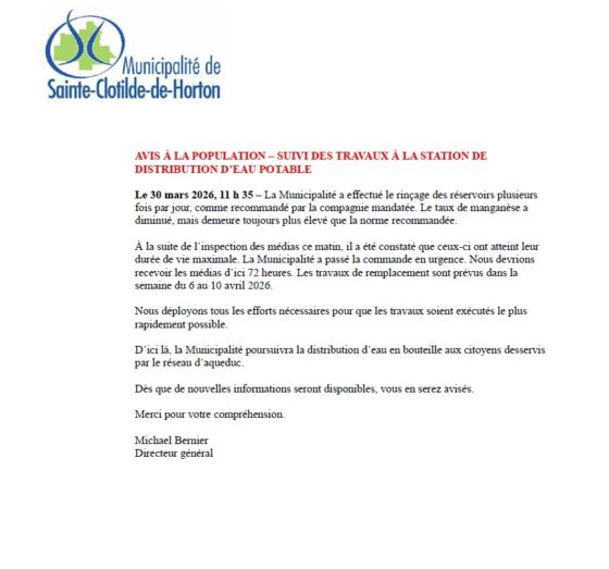 2026-03-30: Avis à la population-Suivi des travaux à la station de distribution d&rsquo;eau potable