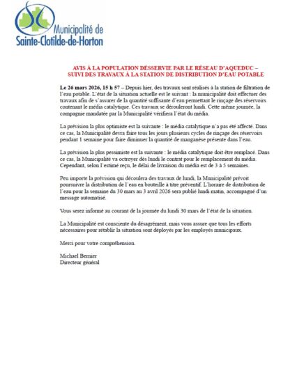 2026-03-26 : Avis à la population-Service d&rsquo;aqueduc