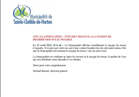 2026-04-15: Avis à la population- Suivi des travaux à la station de distribution d&rsquo;eau potable