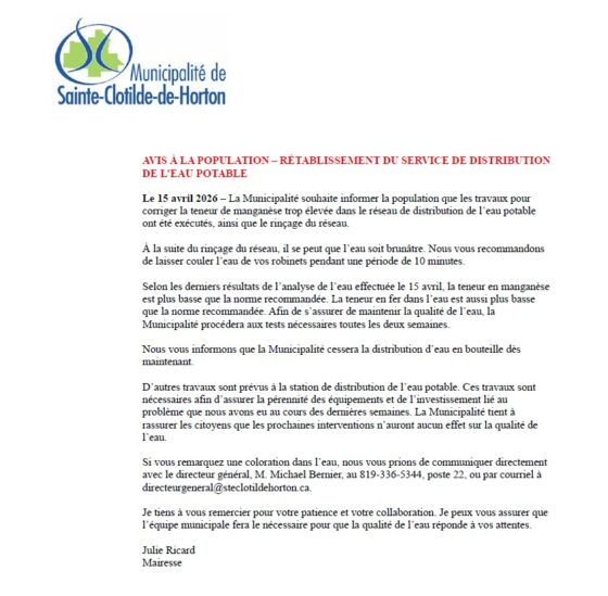 2026-04-15:AVIS À LA POPULATION – Rétablissement du service de distribution de l&rsquo;eau potable