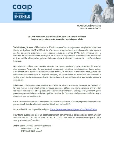 2026-04-02: Capsule vidéo pour aider les personnes aînées à mieux comprendre les paiements préautorisés en résidence privée pour aînés (RPA).