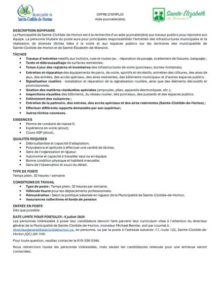 📢 OFFRE D’EMPLOI | Aide-journalier(ère) aux travaux publics