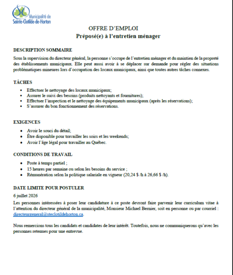 📢 OFFRE D’EMPLOI | Préposé(e) à l’entretien ménager
